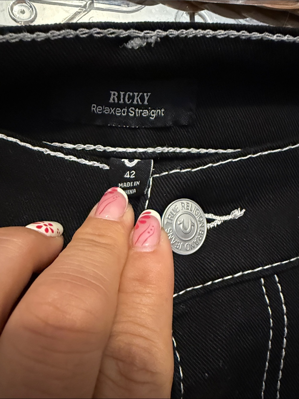True Religion Black Denim Cutoff Shorts with White Stitching - Picture 2 of 6